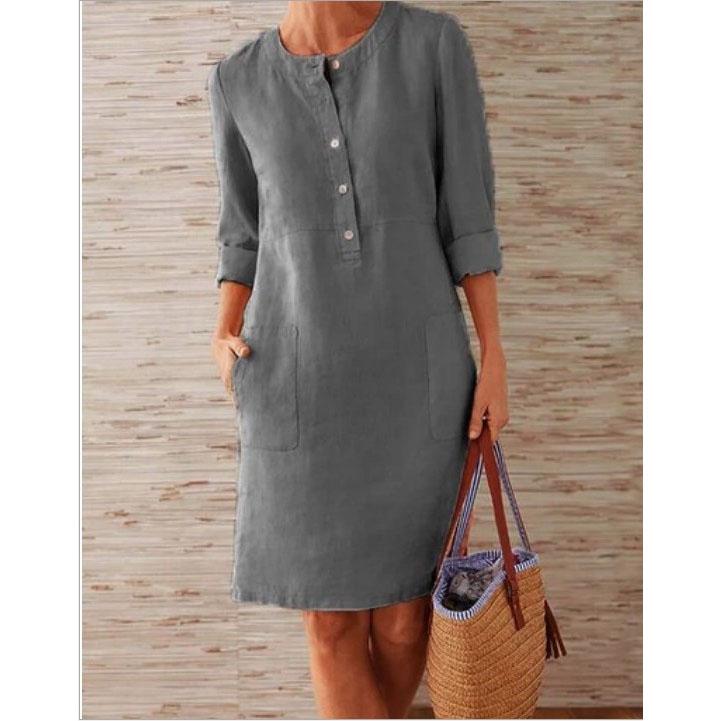 Cotton Linen Long Sleeve O-neck Knee Dresses for Women Pocket Solid Fashion Party Dress Plus Size Ruched Dress