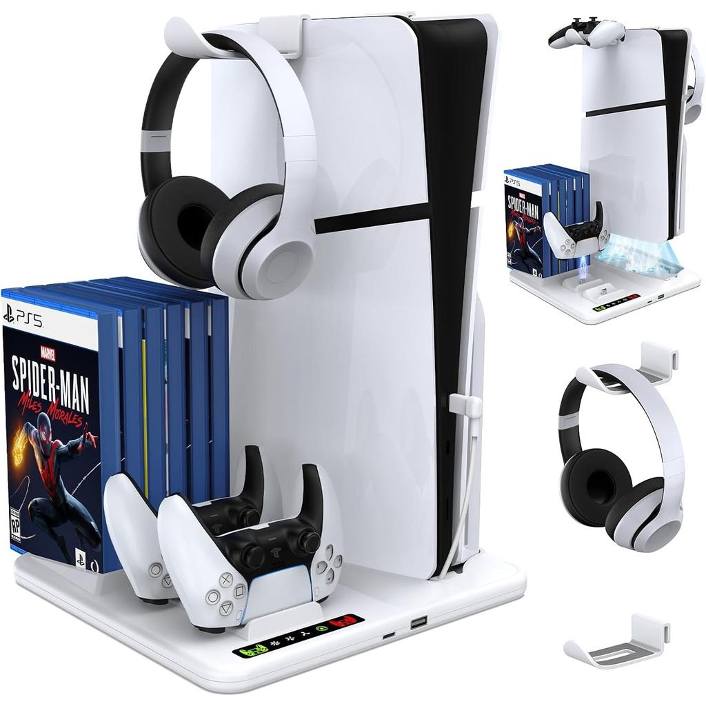 ДЛЯ PS5 Slim с зарядной док-станцией и подставкой для хранения 8 игр с охлаждающим вентилятором и зарядной станцией для контроллера PS5