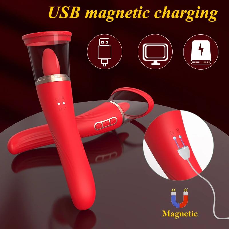 Вибратор для сосания языка Стимулятор точки G, сосков и клитора 2 в 1 Вибрирующий дилдо для языка Женский мастурбатор Товары для взрослых