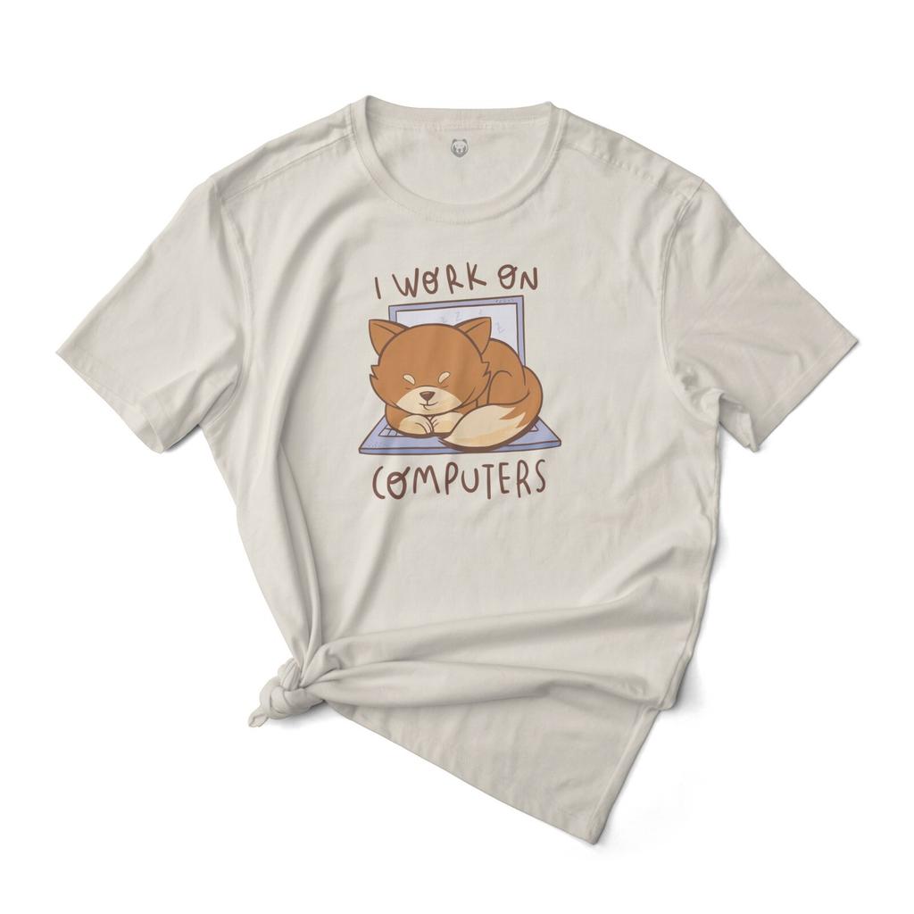 I Work On Computers - Cat On Laptop Cute Graphic T-Shirt Unisex 100% Cotton Tee