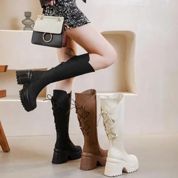 Модные женские ботинки из микрофибры 10 см, кожаные, осенние, на платформе, до колена, модные, британские, ботильоны, весенние, на молнии, синтетические ботинки