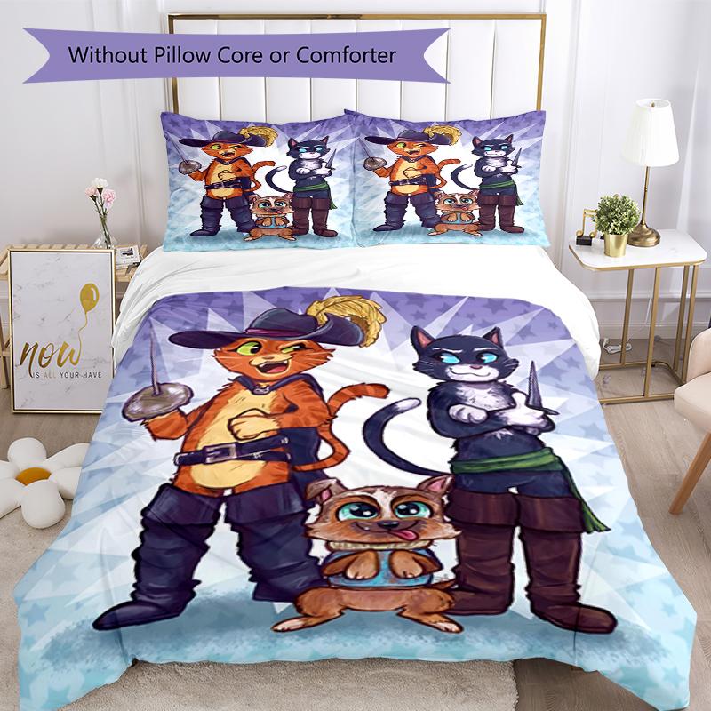 3pcs Puss In Boots Bedding Set Duvet Cover Closure Includes 1 Duvet Cover & 2 Pillowcases, Soft and Comfortable for All Seasons.