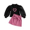 Комплект из 2 предметов для маленьких девочек, топы с длинными рукавами и длинными рукавами с воротником-фонариком с принтом сердца + однотонные мини-юбки с комплектом пояса
