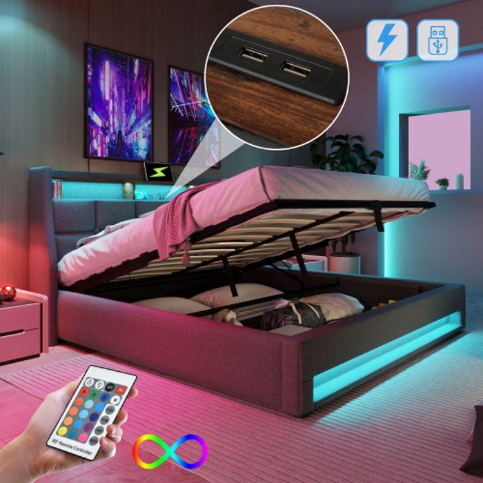 Lit - 160x200cm - Rembourré - Éclairage LED - Port USB intégré