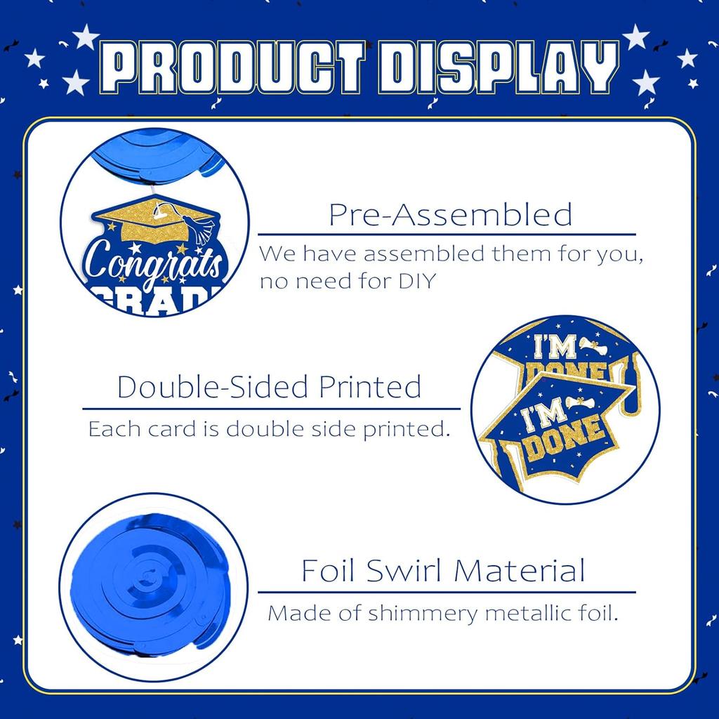 2025 Graduation Party Decorations - 30 Pcs Blue Gold Class of 2025 Congrats Grad Hanging Swirl Ceiling Decor for Home School Classroom Graduation