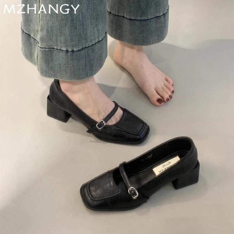 Туфли Мэри Джейн на среднем каблуке, модные туфли с квадратным носком, женские туфли с массивным каблуком, тренд 2024 года, зимние туфли-лодочки, новые женские туфли Zapatillas