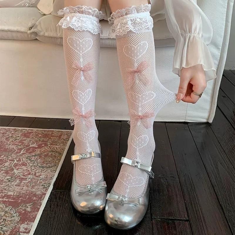 Fairy Tale Girl Summer Sheer Mesh Socks With Floral Lace And Heart Pattern For Teens