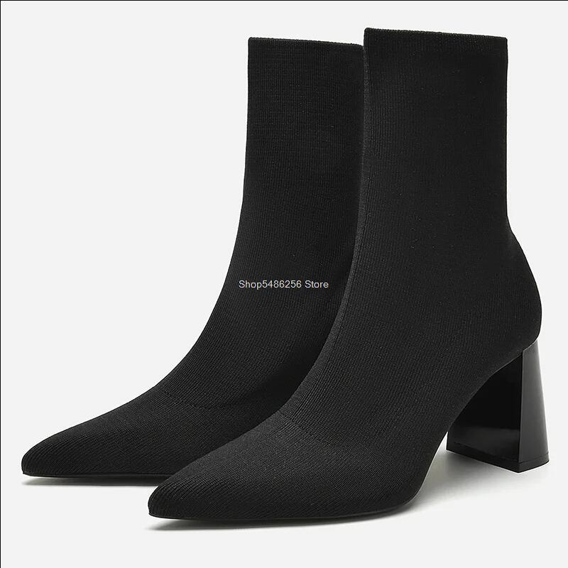 2024 зимние сапоги-носки женские туфли остроносые вязаные эластичные сапоги женские сапоги модные толстые каблуки женские короткие сапоги на высоком каблуке