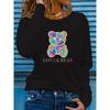 3D Cartoon Bear Graphic Printed Top Casual Long Sleeved Women's T-shirts - Soft Medium Stretch Polyester Fabric Spring and Autumn Relaxed Fit Clothing