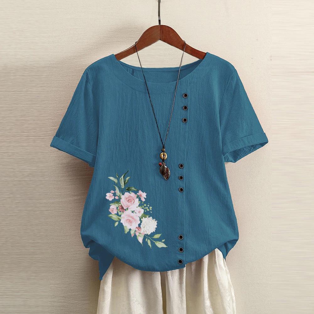 Летняя оверсайз хлопково-льняная футболка с коротким рукавом, хлопково-льняная оверсайз женская одежда с принтом розы