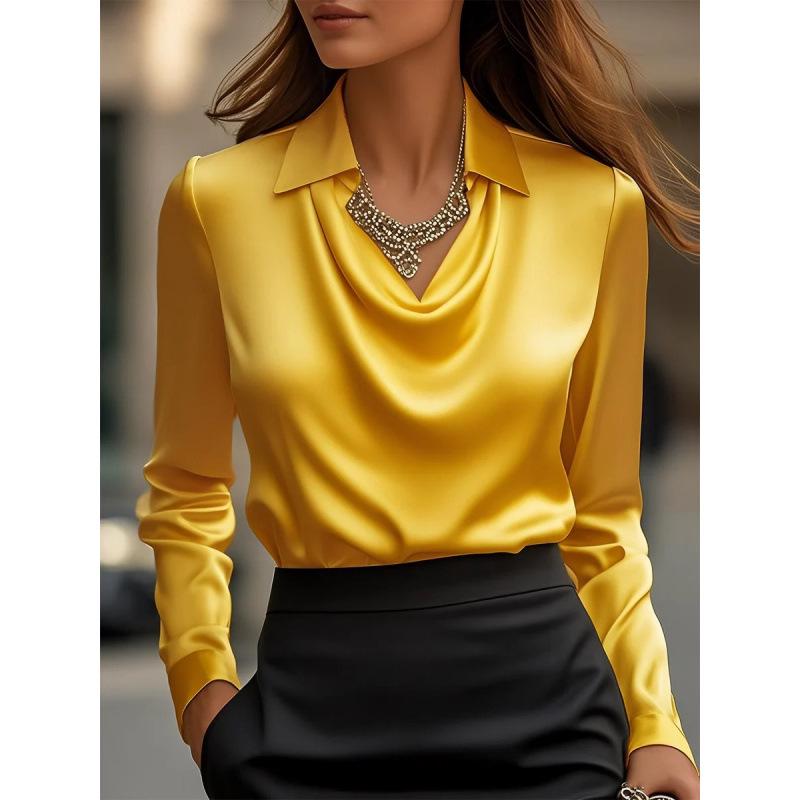 2025 Shein Elegant Long Sleeve Satin Swing Collar Top for Women - Spring/Autumn