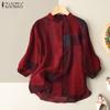 Womens Casual O Neck Plaid Printed Loose Blouse