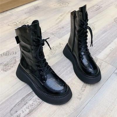 Модные женские полусапоги до середины икры Новинка На шнуровке Женские полусапоги на платформе Горячие из искусственной кожи Демисезонные Зима 2024 Новинка Весна