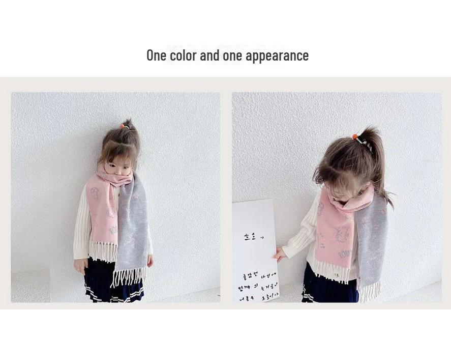 Double-Sided Imitation Cashmere Kids' Scarf – Warm Cartoon Tassel Shawl for Boys & Girls