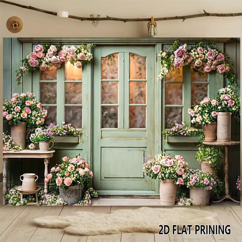 2D Floral Doorway Backdrop, Vintage Flower Shop with Potted Roses Background