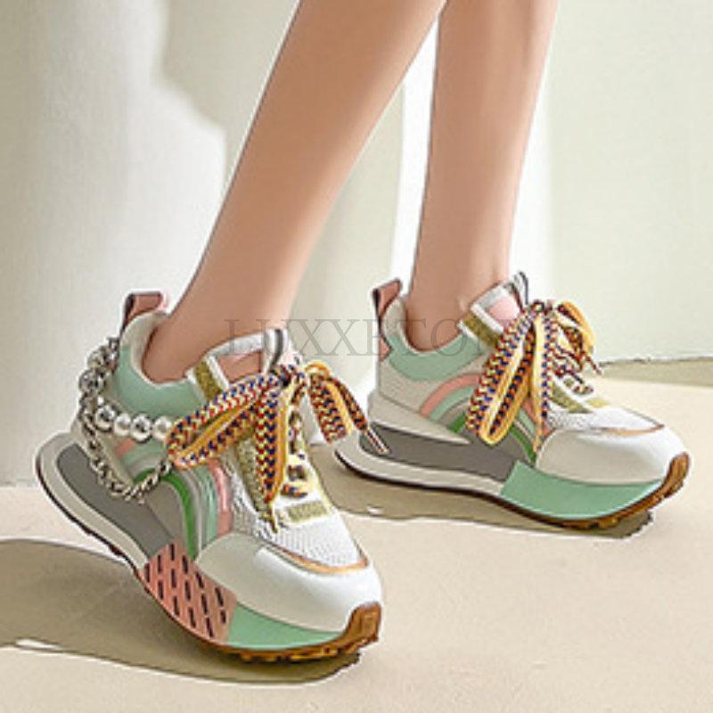 Женские кроссовки оригинального дизайна с жемчужной цепочкой, женские модные цветные повседневные кроссовки с оригинальной подошвой