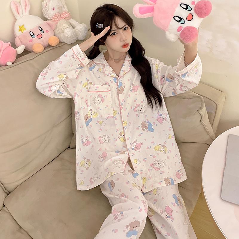 Milk Huhu Cute Cartoon Printed Pajamas Women'S Autumn Long-Sleeved Suit Loose Loungewear Can Be Worn Outside