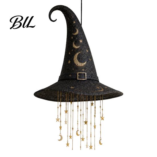 Patio Hanging Ornament Light Up Witch Hat Lamp, Glowing Halloween with Twinkling Whimsical Decorations Stars Moon, Indoor Outdoor Porch Window Decor,