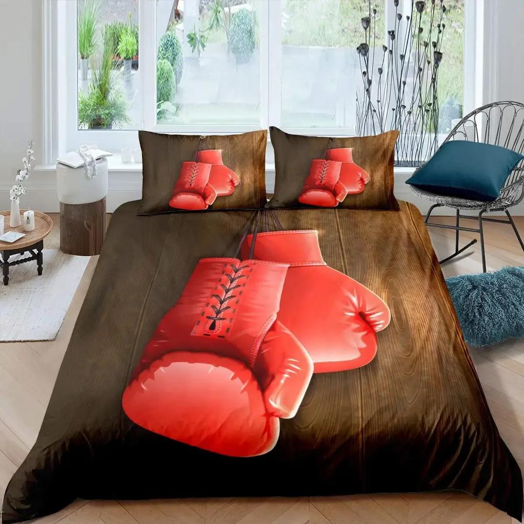 Боксерский пододеяльник, комплект постельного белья с изображением спортивных игр, комплект постельного белья для двоих, боксерские перчатки из микрофибры, силуэт спортсмена, королева, королева, пододеяльник