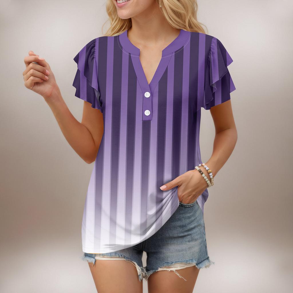 Женский повседневный топ с короткими рукавами, застегивающийся на пуговицы и V-образным вырезом, с градиентными оборками и принтами