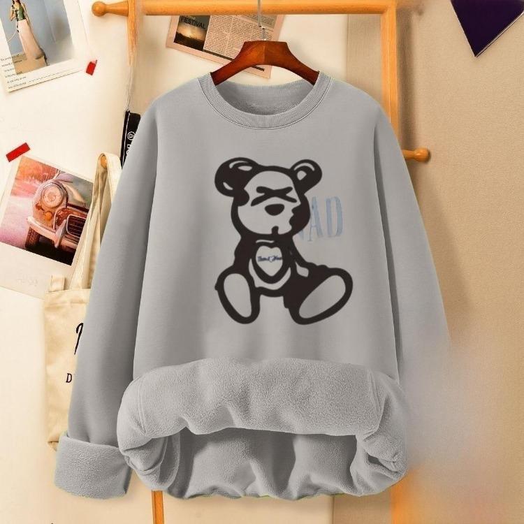 2024 Autumn Winter Women Fashionable Velvet Thickened Cartoon Print Loose Fit Round Neck Sweatshirt Top
