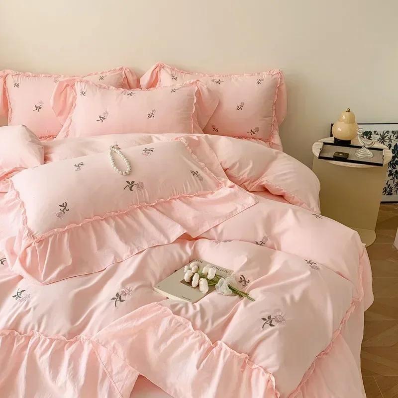 3/4PCS Rose Embroidered Duvet Cover Set (1*Duvet Cover + 2*Pillowcase, Without Core), Princess Style Lace Bedding Sheet Sets