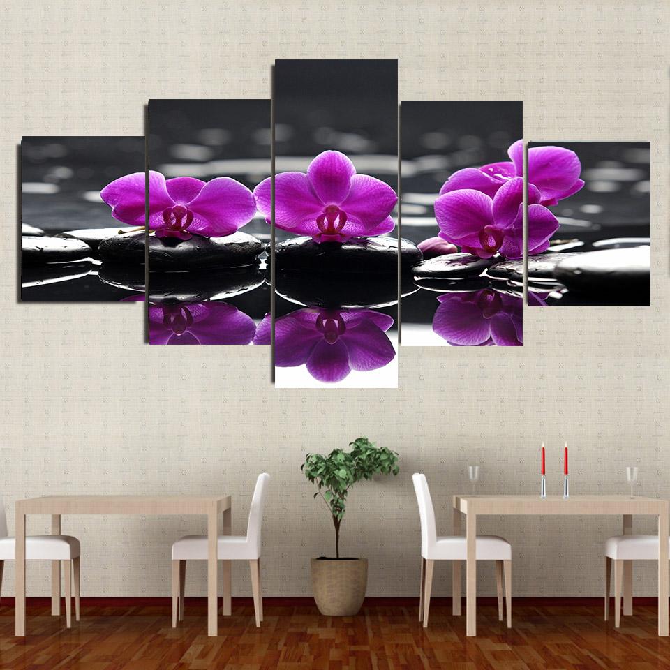 5 Panels Zen Stones Purple Butterfly Orchid Canvas Painting Posters and Prints Wall Art Pictures Living Room Home Decor No Frame