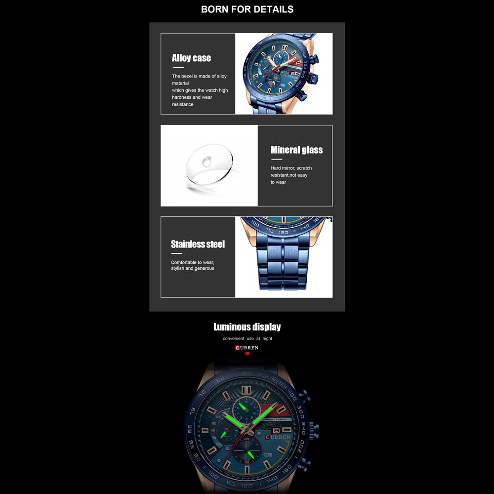 CURREN Watch for Men New Fashion Men Watches Quartz Wristwatches Stainless Steel Band Clock Male Chronograph Watches