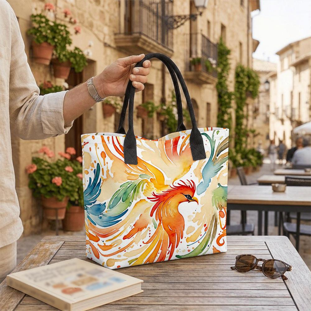 Watercolor Phoenix Pattern Tote Bag Casual Large Capacity Shoulder Handbag for Daily Use