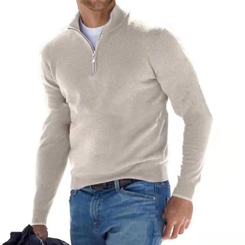 Men's Autumn Long Sleeve V-Neck Wool Polo Shirt with Plush Zipper
