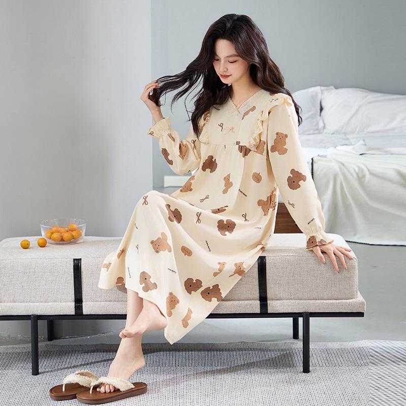 Женская ночная сорочка для беременных из 100% чистого хлопка с антибактериальным эффектом, в корейском стиле, с длинным рукавом - свободного кроя для осени/зимы/весны