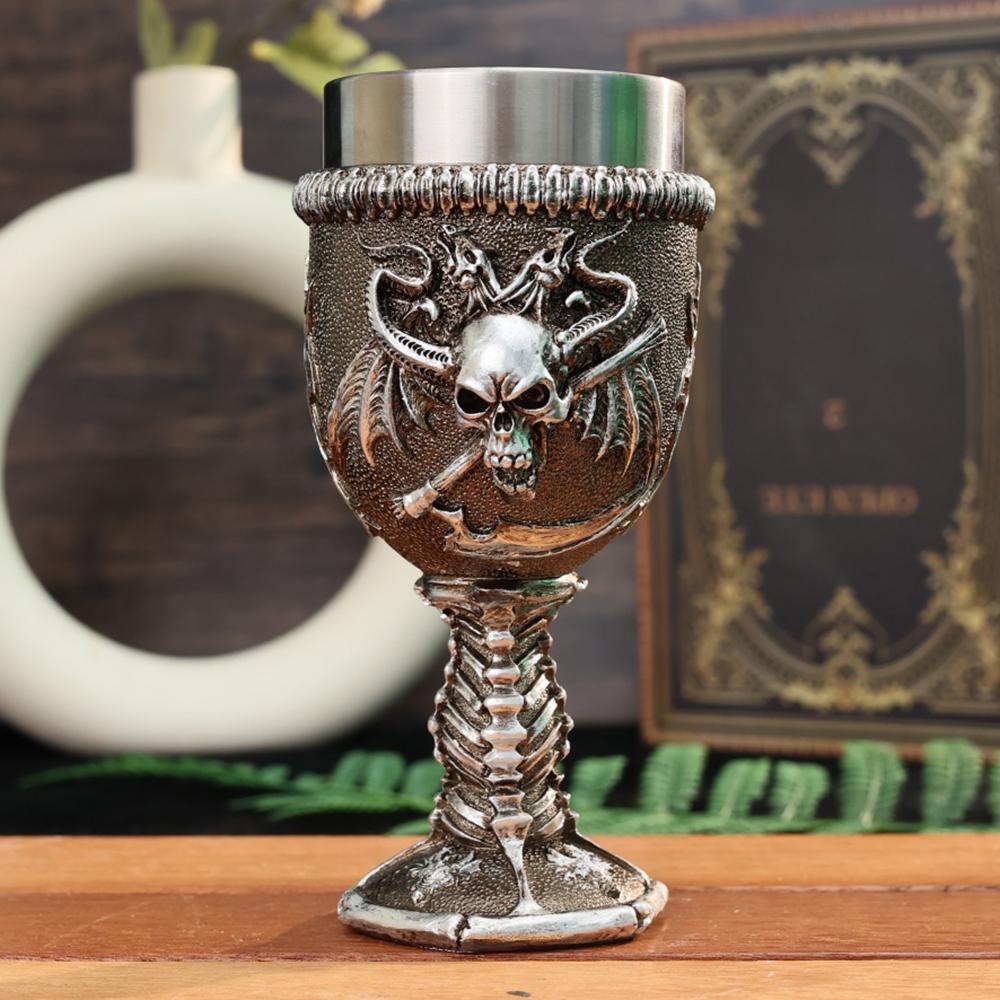 2026 Viking Ship Drakkar Fly Dragon Skull Goblet Stainless Steel Insert Halloween Wine Glass Retro Skull Chalice Cup Shot Glass