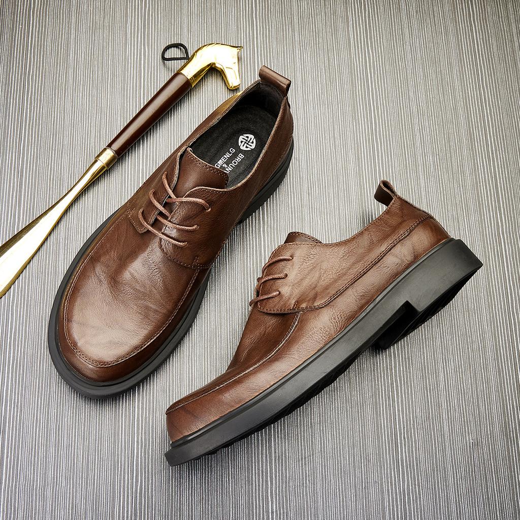 Кожаные туфли Мужская модная кожаная повседневная обувь Круглая деловая обувь Универсальная обувь в британском стиле Туфли с низким верхом Трендовая обувь