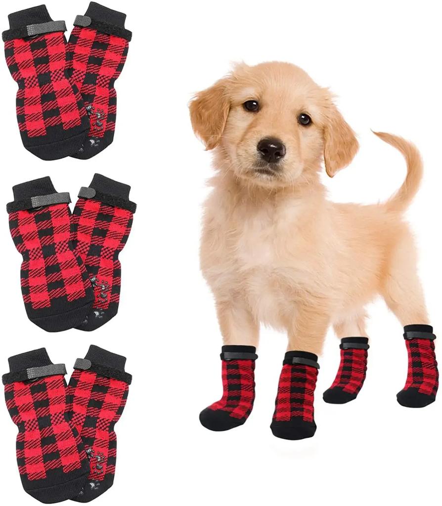 4PCS Adjustable Anti-Slip Dog Socks Pet Non-Slip Paw Protection with Paw Pattern for Puppy Dog Indoor Control Wear On Floor