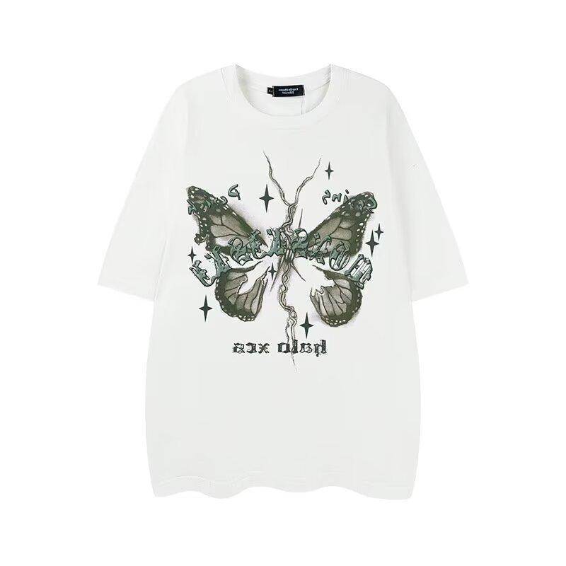 Американский дизайн, ниша с принтом бабочки, чистый хлопок, с короткими рукавами, женский летний новый стиль, потертый и потертый топ с половиной рукавов