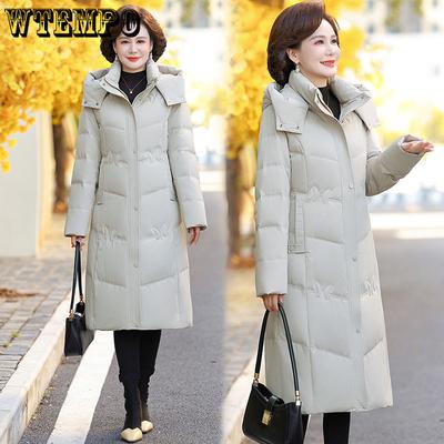 Женский длинный пуховик для среднего и пожилого возраста, зимний, белый, пух белой утки, до колена, хлопковая куртка