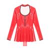 Women Latex Dress Deep V Neck Mesh Long Sleeves Mini Dress Shiny Faux Leather Dress Halloween Costume Rave Party Punk Club Wear