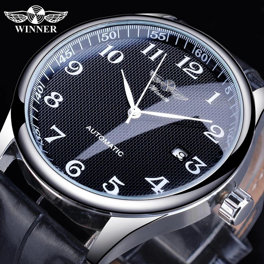 Winner New Top Men's Watch Simple Fashion Men's Automatic Mechanical Strap Calendar Silver Stainless Steel Strap PU Strap