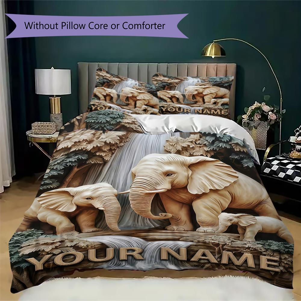 Custom Name Jungle Elephants Waterfall Bedding,Quilt Set Quilt Cover Pillowcase Home Birthday Gift(1 * duvet cover + 2 * pillowcase, without core)_lx