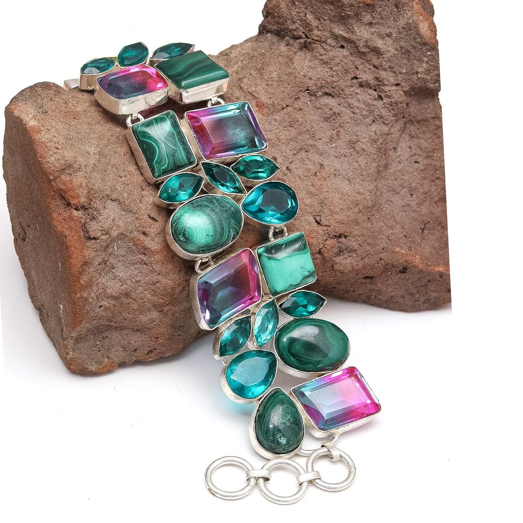 Браслет Малахит Стерлинговое серебро Драгоценные камни Ювелирные изделия Ручной работы Зеленый Манжет