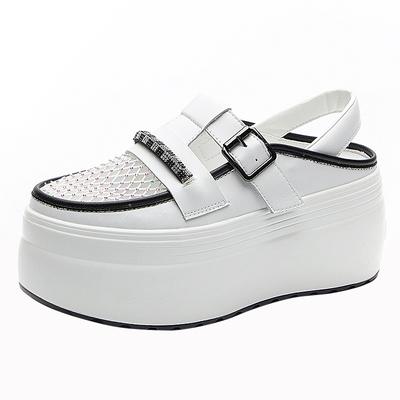 Модные 8 см новые кеды из натуральной кожи с воздушной сеткой на платформе, женские сандалии, повседневные белые летние тапочки со стразами