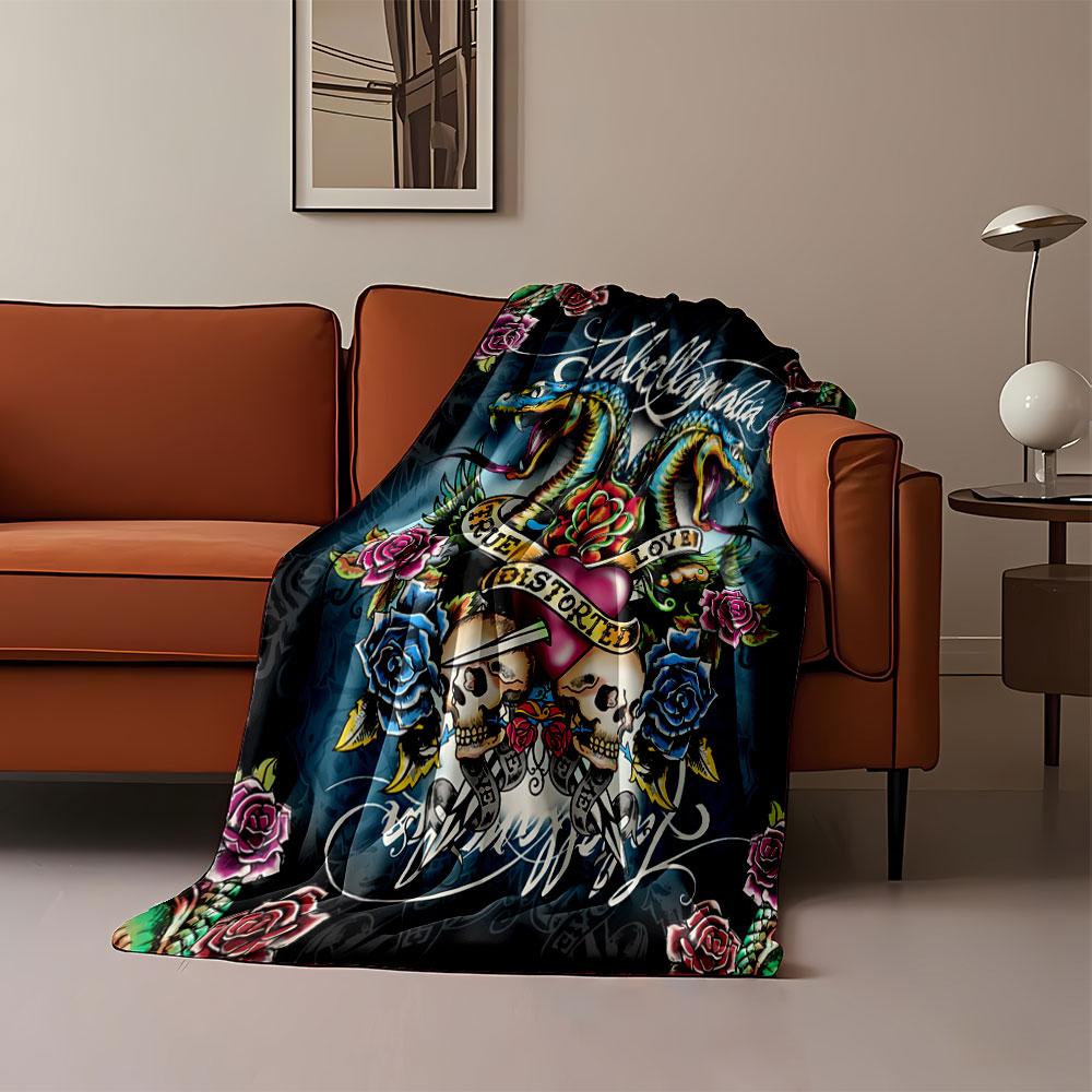 Two snakes, a heart, skulls, roses, banners with text, and a dark backdrop. for all seasons blanket lunch break throw gift