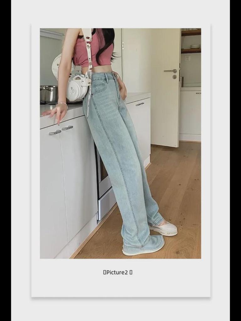 Женские джинсы большого размера из розовой кожи с высокой талией и широкими штанинами - Модные свободные прямые брюки