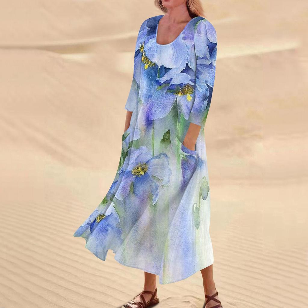 Женское повседневное модное удобное платье с карманами и рукавами 3/4 с принтом