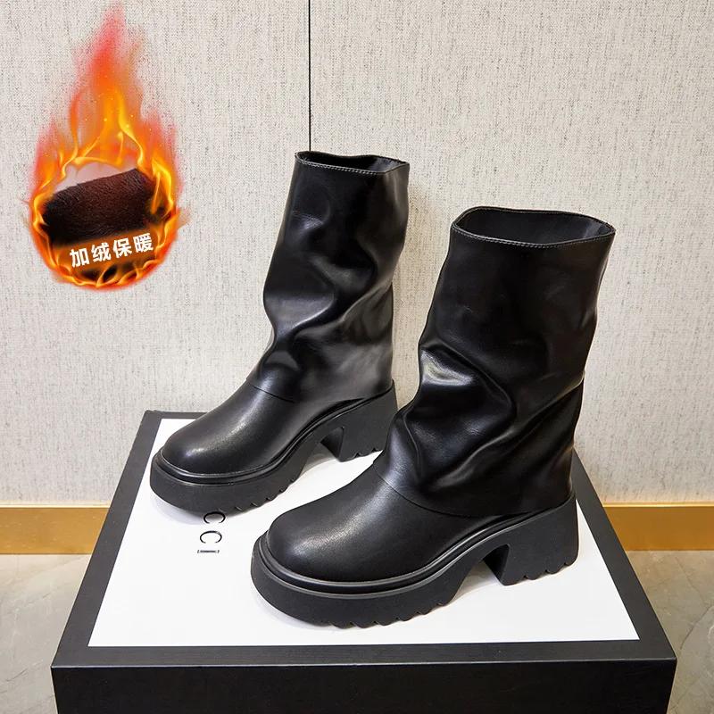 Короткие сапоги на платформе женские 2024 осень и зима новые водонепроницаемые сапоги на платформе универсальный дизайн Sense кожаные женские сапоги обувь