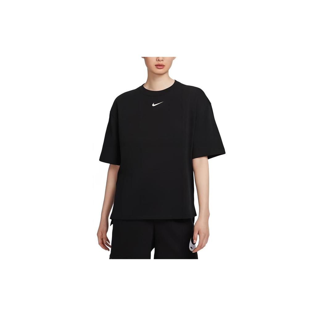 Nike Сплошной цвет с логотипом, модная удобная повседневная спортивная футболка с круглым вырезом и рукавами с заниженными плечами, женские топы, черный HJ3947-010