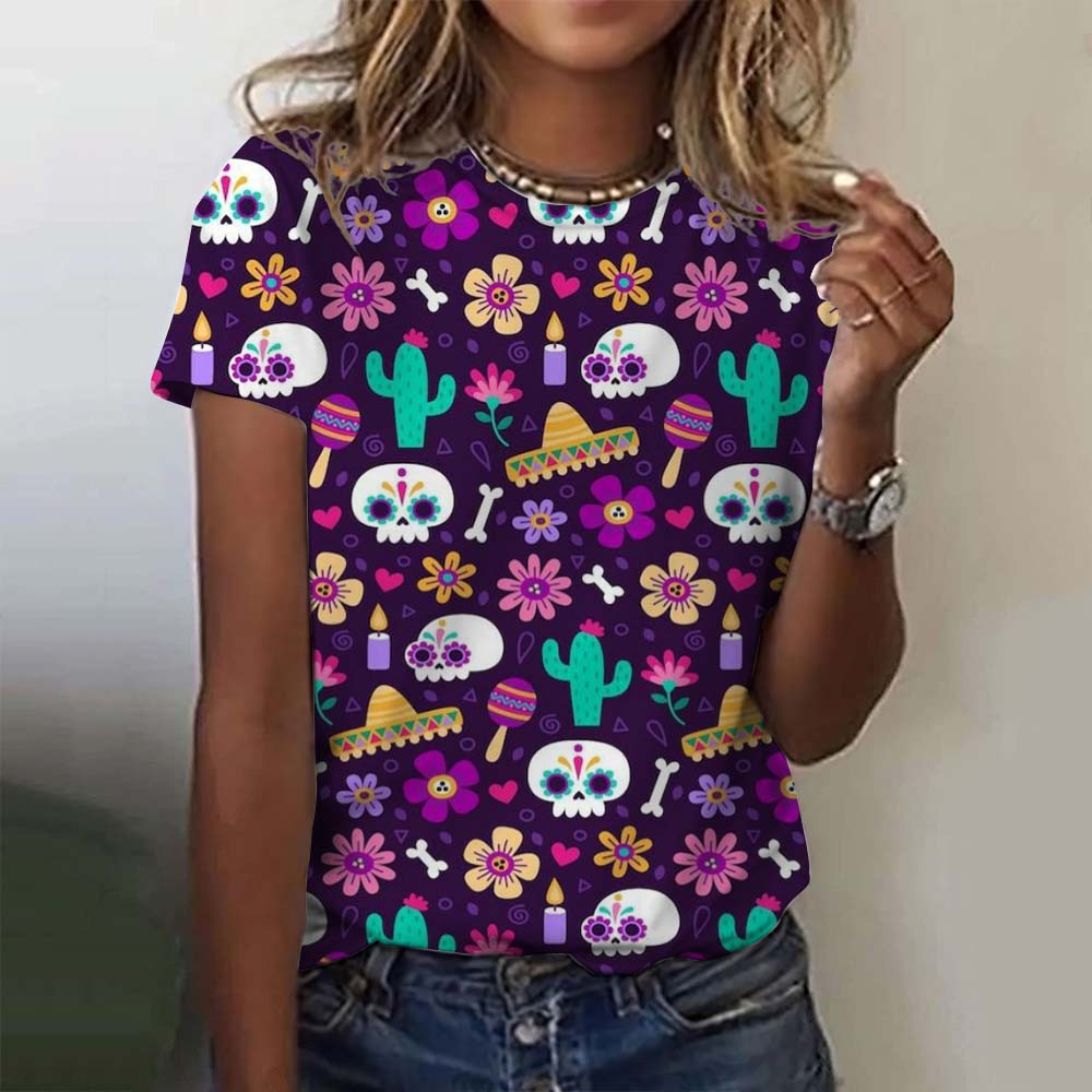Summer Round Neck 3D Colorful Skull Pattern Print Top Fashionable Casual Short Sleeved Women's T-shirts