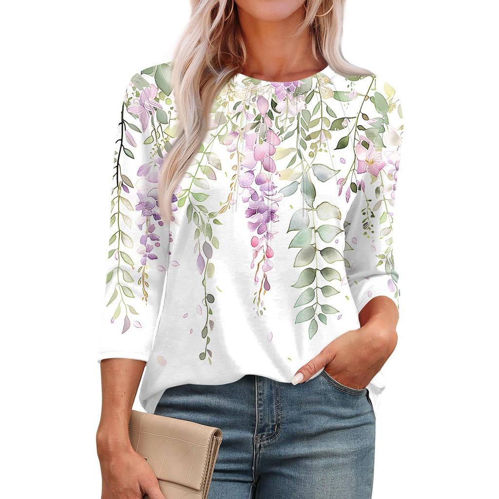 Женская модная повседневная футболка с круглым вырезом и рукавом семь четвертей в стиле ретро с принтом, плиссированная футболка