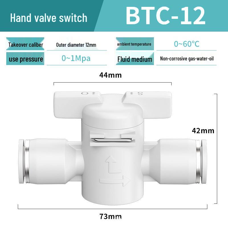 Zhuoji Pneumatic BUC-6-10 Hand Valve with 8mm Tubing, 12mm Straight-Through Air Valve, Quick-Connect Fittings.