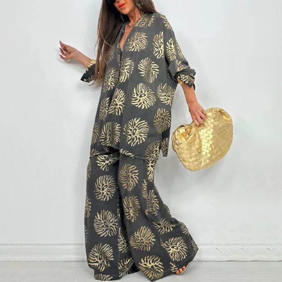 Женские костюмы-двойки с крупным принтом, рубашка на пуговицах с длинным рукавом, брюки с широкими штанинами на резинке, повседневный костюм для отдыха